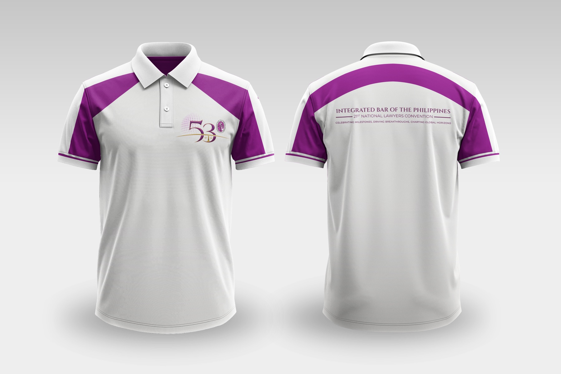 Front and back view of the 21st National Convention of Lawyers event polo shirt