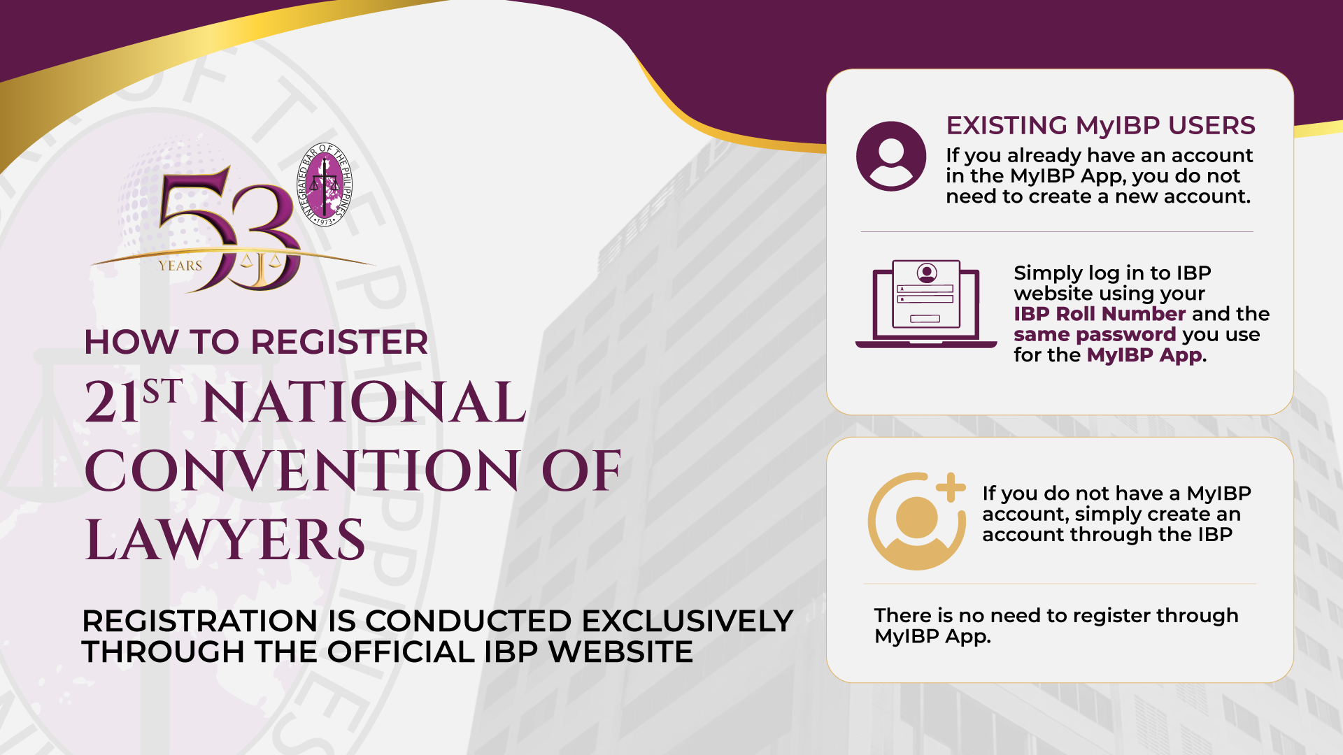 Registration guide cover explaining that 21st National Convention of Lawyers registration is conducted through the official IBP website.