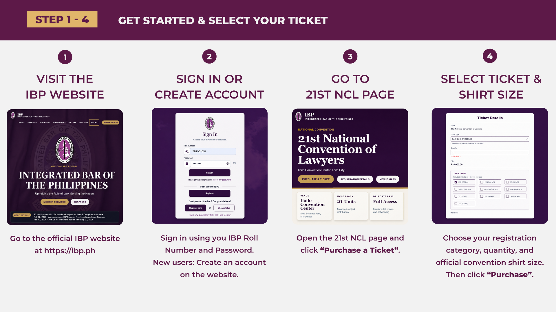 Guide steps one to four showing how to visit ibp.ph, sign in or create an account, open the 21st NCL page, and select a ticket and shirt size.
