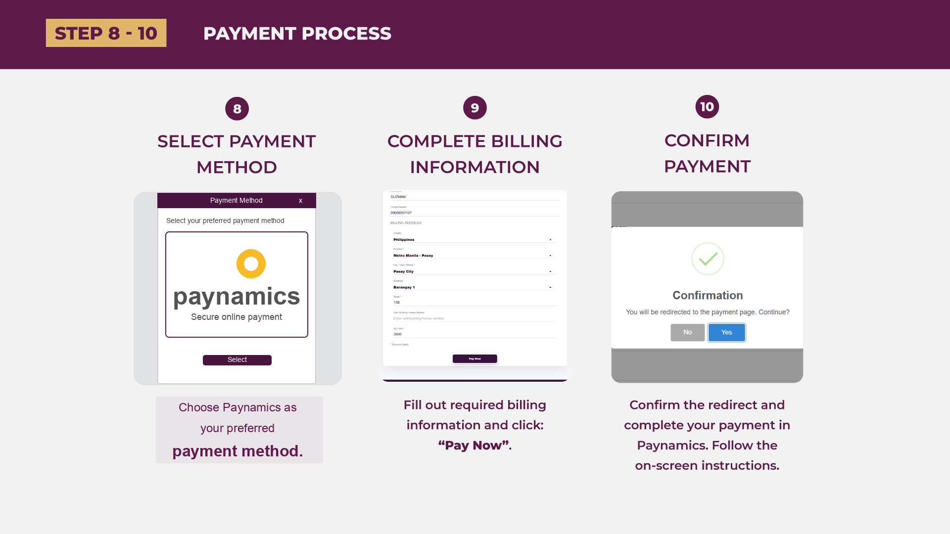 Guide steps eight to ten showing payment option selection, billing information, and payment confirmation.